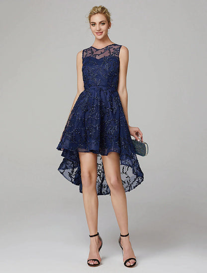 Model wearing a multi-color A-line illusion neck tulle applique dress, front view.