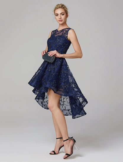 Back view of a model showcasing the multi-color A-line illusion neck formal dress.