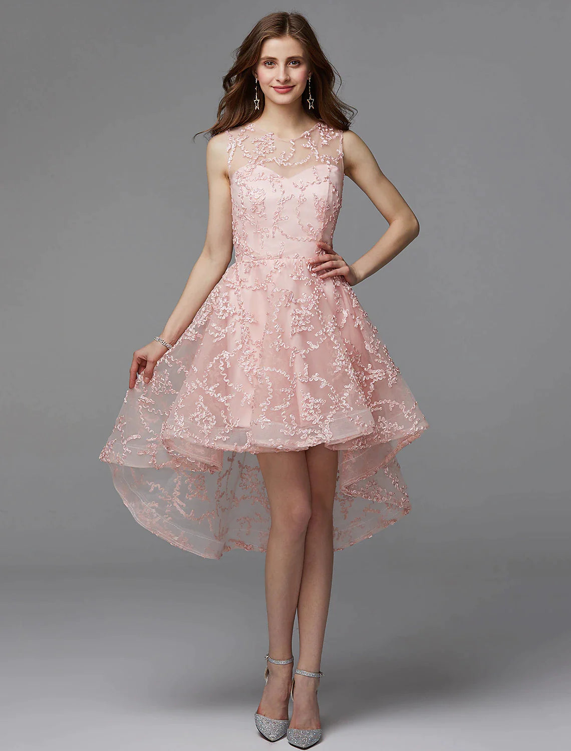 Model in a multi-color A-line formal dress, highlighting the silhouette.