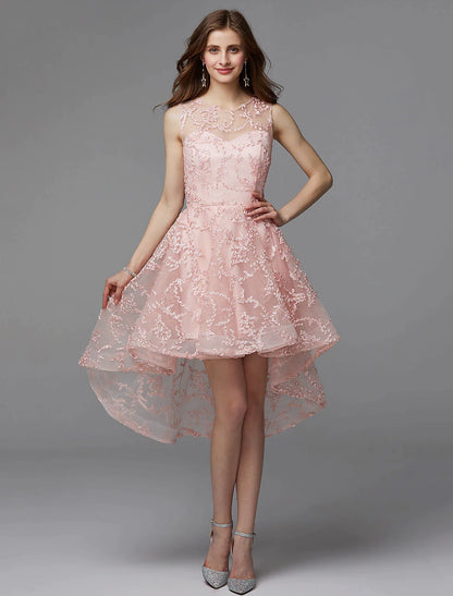 Model in a multi-color A-line formal dress, highlighting the silhouette.
