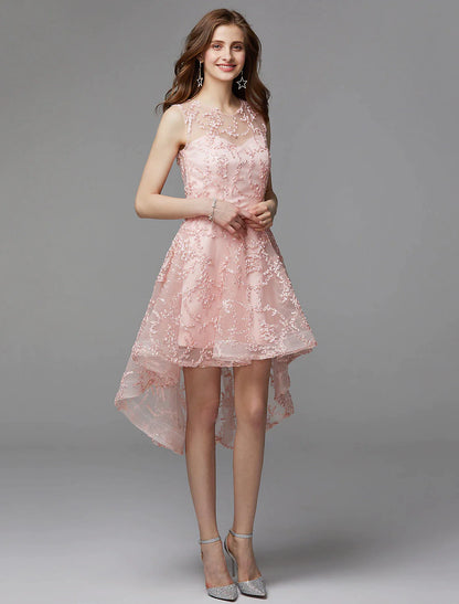 Full length view of a model wearing a multi-color A-line illusion neck applique dress.