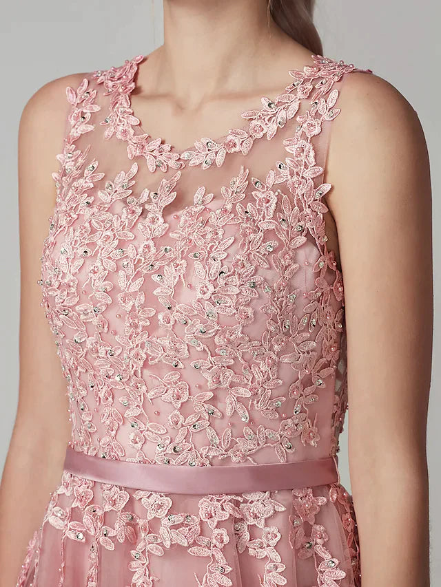 Close-up of the floral beading and lace details on the A-line cocktail dress.