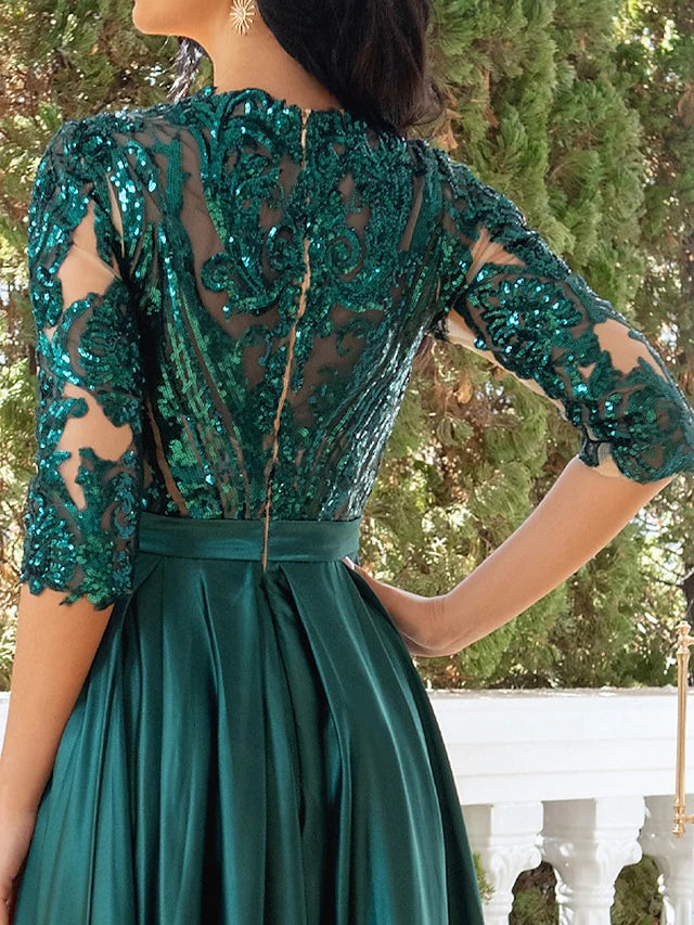 Side view of A-line satin evening dress with half sleeves.