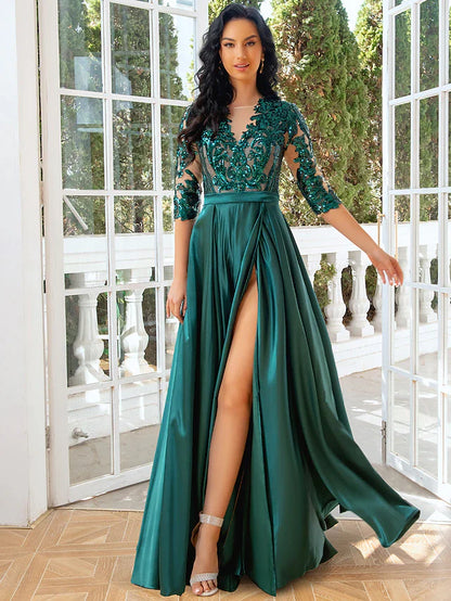 Back view of elegant A-line formal dress.