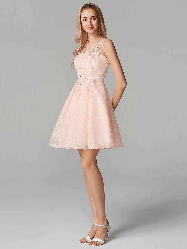 Front view of a pink A-line mini dress with illusion neckline, floral lace, and sequin details.