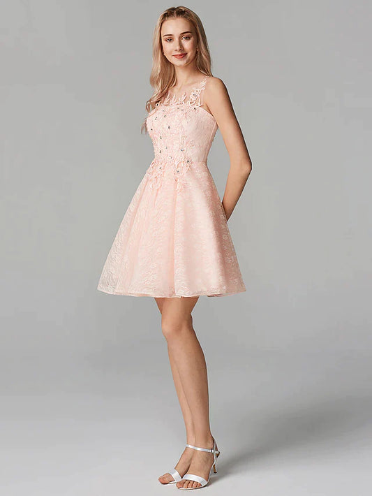 Front view of a pink A-line mini dress with illusion neckline, floral lace, and sequin details.