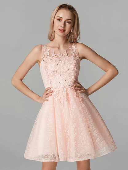 Close-up of the illusion neck and shimmering sequin lace on the pink dress.