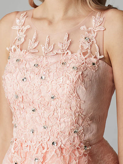 Side profile of the short pink A-line mini dress, highlighting its length.
