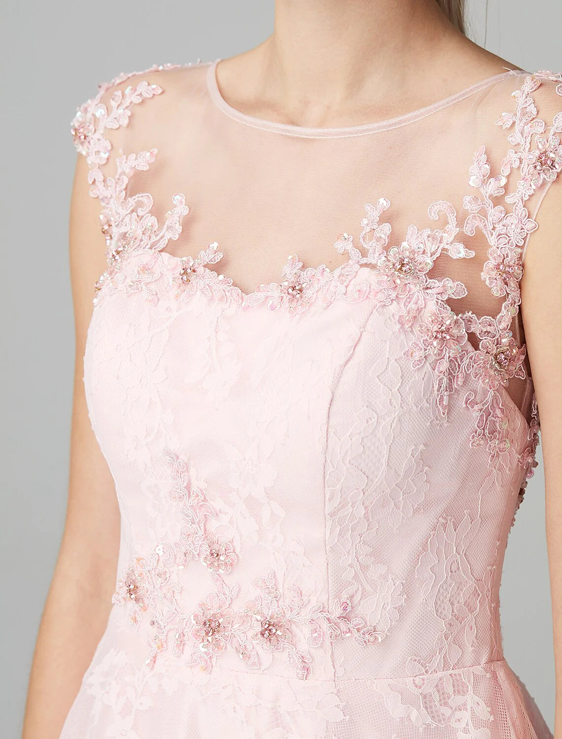 Front view of the navy blue A-line illusion neck short sleeve floral lace dress.