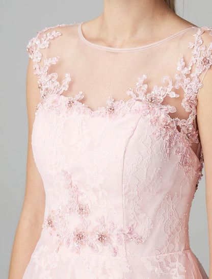 Front view of the navy blue A-line illusion neck short sleeve floral lace dress.