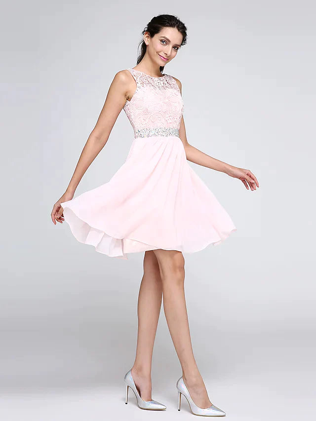 Side view of the short A-line cocktail dress showcasing chiffon fabric and corded lace.