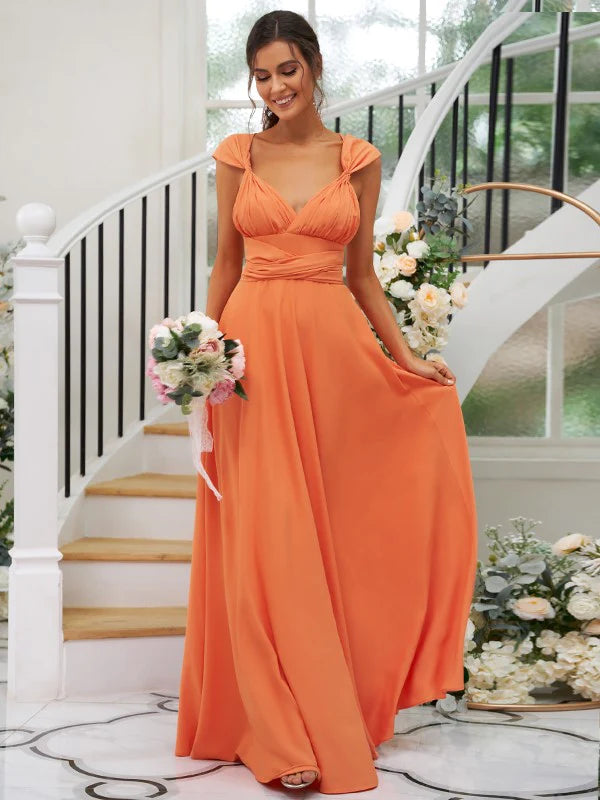 Elegant A-Line jersey bridesmaid dress with V-neck and ruched bodice.