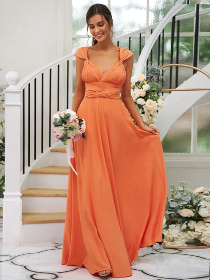 Elegant A-Line jersey bridesmaid dress with V-neck and ruched bodice.