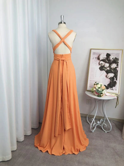 Side view of a floor-length A-Line bridesmaid dress in jersey fabric.