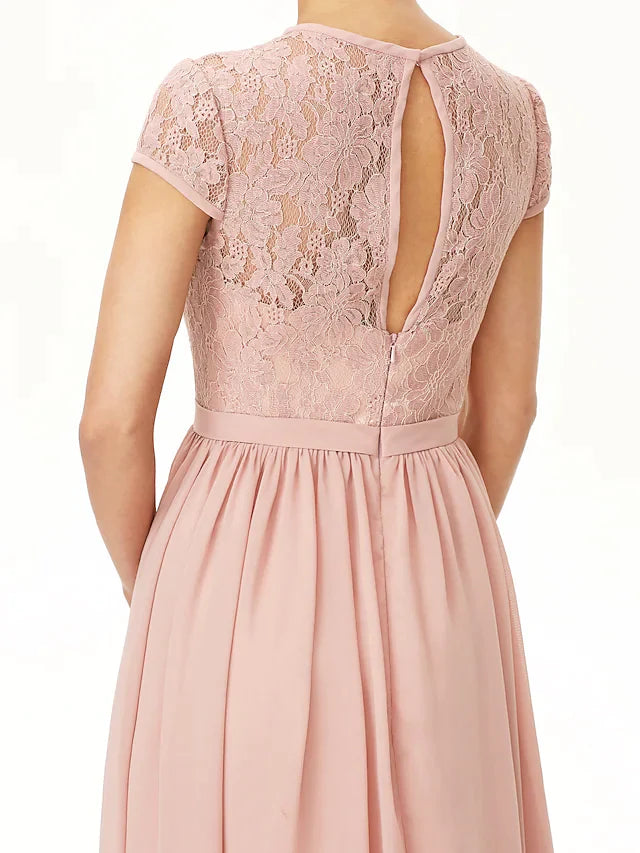 Side profile of the floor-length A-line bridesmaid dress, highlighting its graceful silhouette.