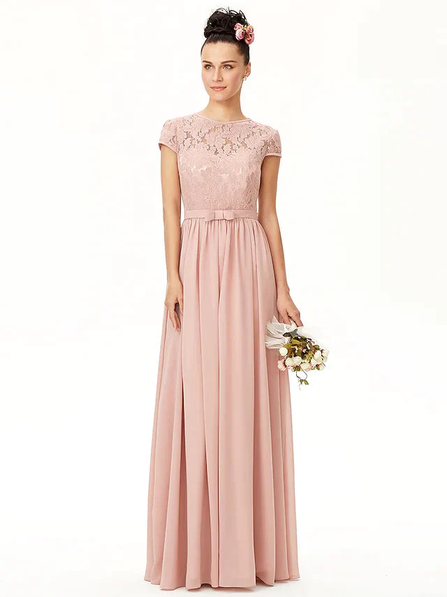 Full view of the A-line jewel neck bridesmaid dress with sash and pleats.