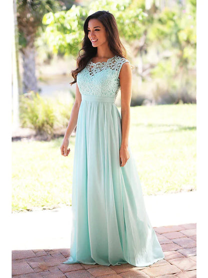 Model wearing a light blue A-line jewel neck floor-length bridesmaid dress with a sash and pleats.