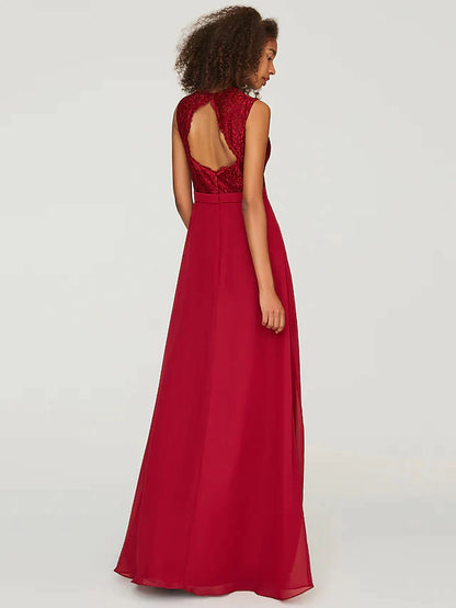 Side view of the light blue A-line bridesmaid dress, showcasing the flowing chiffon skirt.