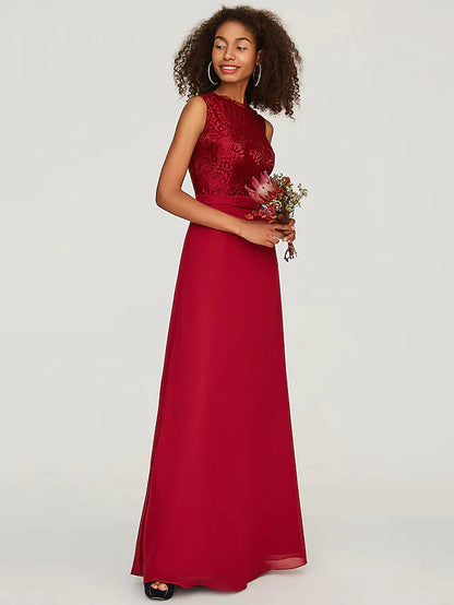 Full view of the light blue A-line bridesmaid dress, featuring the sash with ribbon bow.
