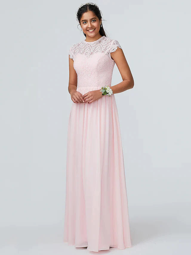 Elegant A-Line jewel neck chiffon bridesmaid dress with lace and sparkle.