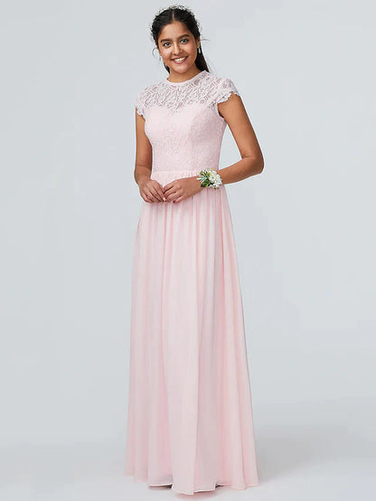 Elegant A-Line jewel neck chiffon bridesmaid dress with lace and sparkle.