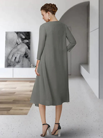 Side view of the Mother of the Bride dress, highlighting the chiffon lace and appliques.