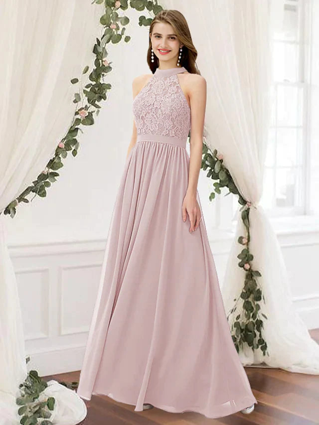 A-Line jewel neck bridesmaid dress with chiffon, lace, and pleats.