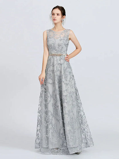 Model wearing an A-line jewel neck floor length lace bridesmaid dress with sash ribbon appliques, front view.
