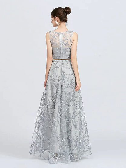 Side view of an A-line lace bridesmaid dress, highlighting the sash and flowing skirt.