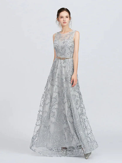 Back view of the lace bridesmaid dress, showcasing the jewel neck and delicate appliques.