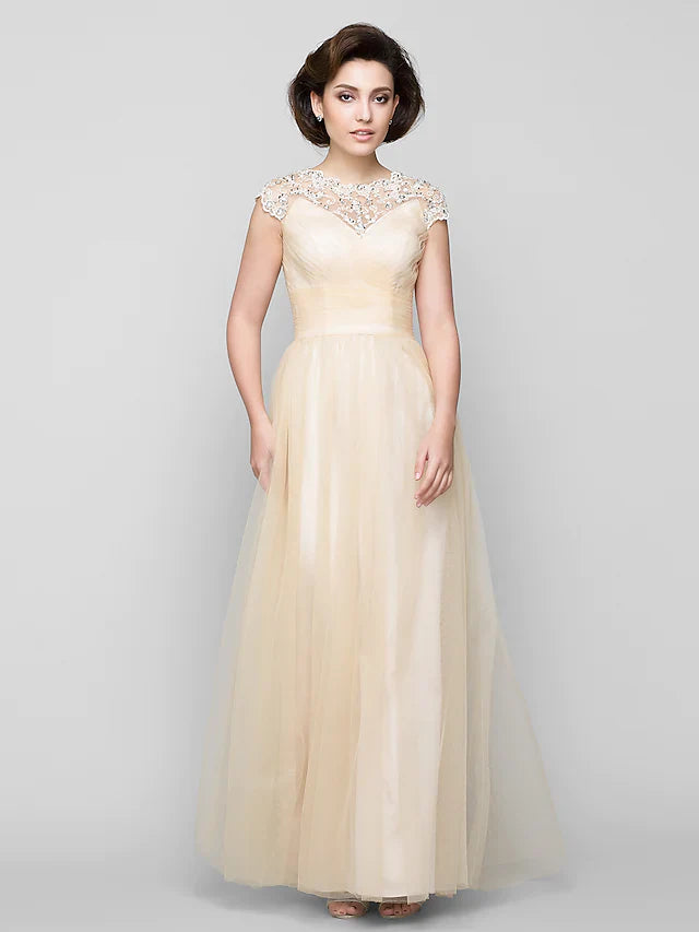 Elegant A-Line Mother of the Bride dress with jewel neck and beading.