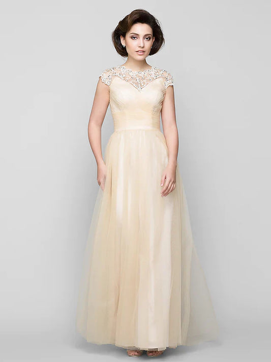 Elegant A-Line Mother of the Bride dress with jewel neck and beading.
