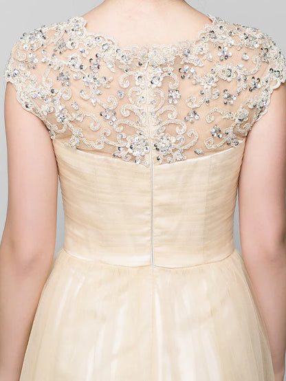 Full length view of A-Line tulle dress with sheer jewel neckline.