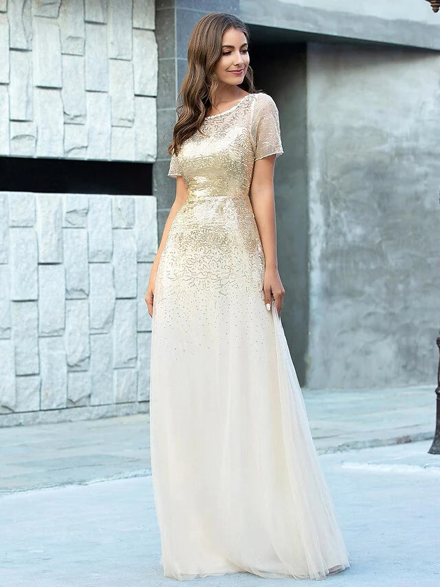 Model in elegant A-line jewel neck floor length tulle sequin bridesmaid dress, front view.