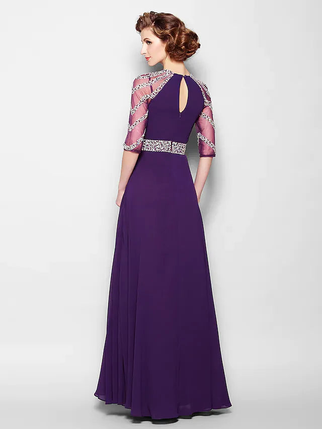 Side view of the A-line mother of the bride dress, highlighting the half sleeves and flowing skirt.