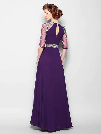 Side view of the A-line mother of the bride dress, highlighting the half sleeves and flowing skirt.
