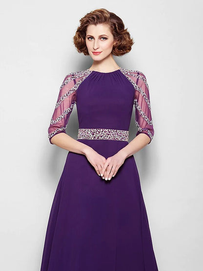 Back view of the elegant A-line dress, showing the floor length and fabric details.