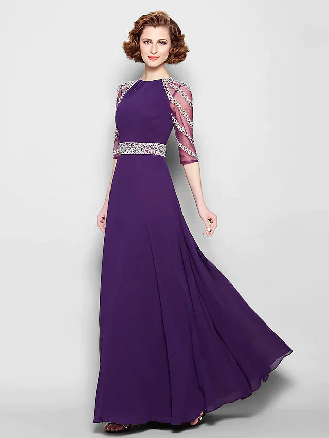 Full length view of the A-line mother of the bride dress, showcasing its elegant silhouette.