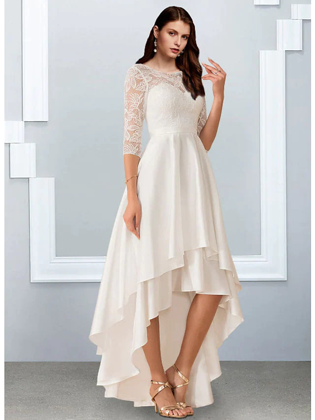 Elegant A-Line wedding dress with jewel neck, half sleeves, chiffon lace, and cascading ruffles.