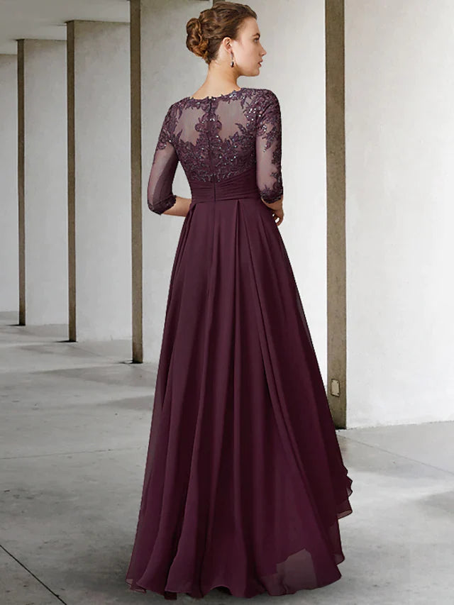 Back view of the A-Line chiffon lace dress featuring asymmetrical hem and appliques.