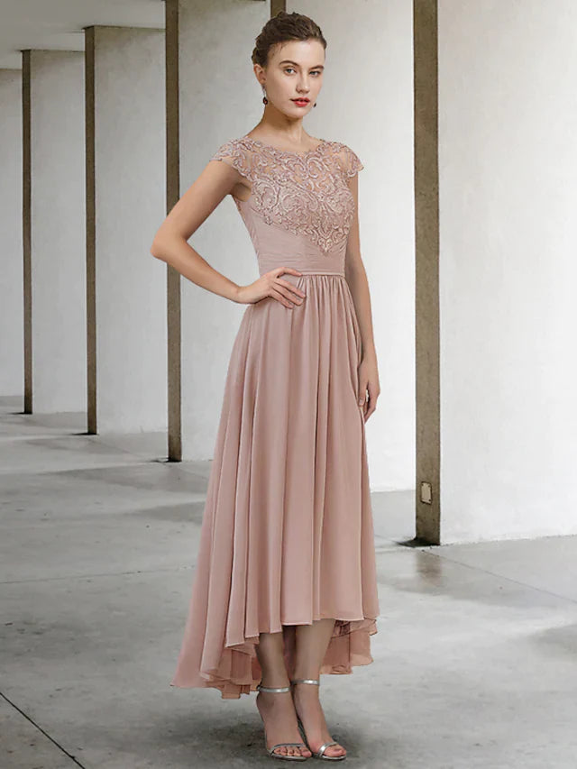Elegant A-line mother of the bride gown with jewel neck, half sleeves, and lace appliques.