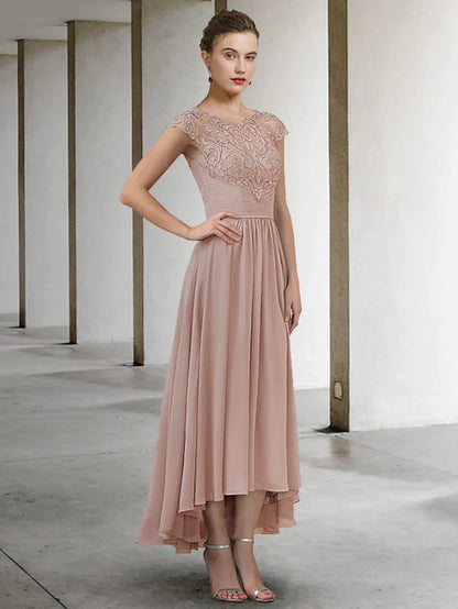 Elegant A-line mother of the bride gown with jewel neck, half sleeves, and lace appliques.