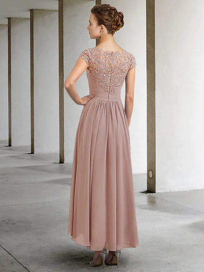 Back view of the A-line formal gown, showing pleats and elegant design.