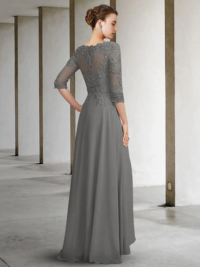 Back view of the blue A-Line Mother of the Bride dress, showcasing the floor-length chiffon and intricate appliques.