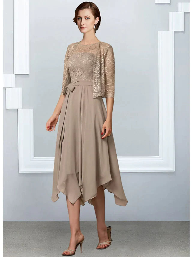Elegant A-line Mother of the Bride dress with jewel neck and half sleeves.