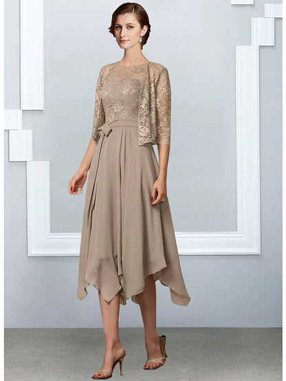 Elegant A-line Mother of the Bride dress with jewel neck and half sleeves.