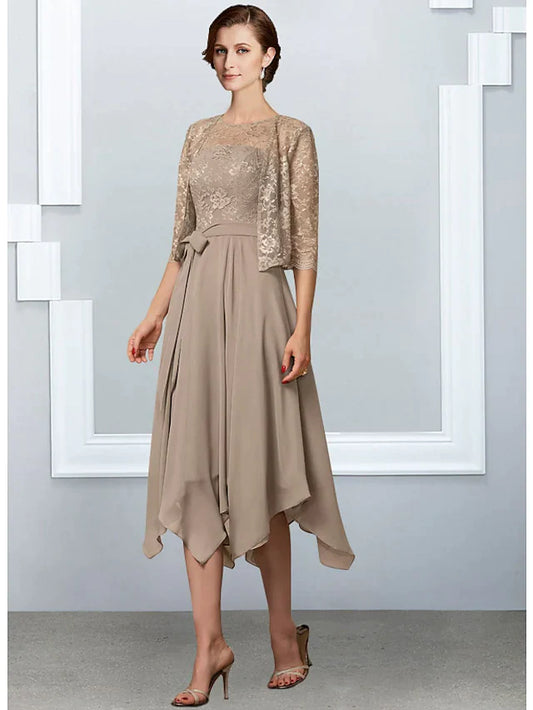 Elegant A-line Mother of the Bride dress with jewel neck and half sleeves.