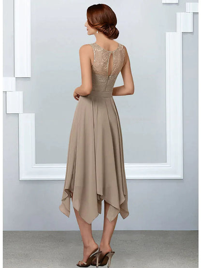 Side view of chiffon lace tea-length dress with delicate pleats.