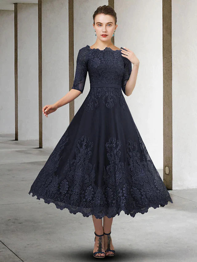 Elegant A-Line Mother of the Bride dress in light blue with jewel neck and half sleeves, front view.