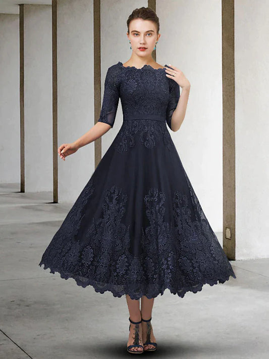 Elegant A-Line Mother of the Bride dress in light blue with jewel neck and half sleeves, front view.